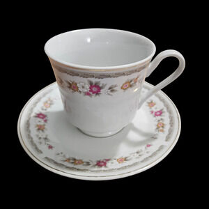 Napco Floral Teacup Saucer Set Gold Trim Pink White China
